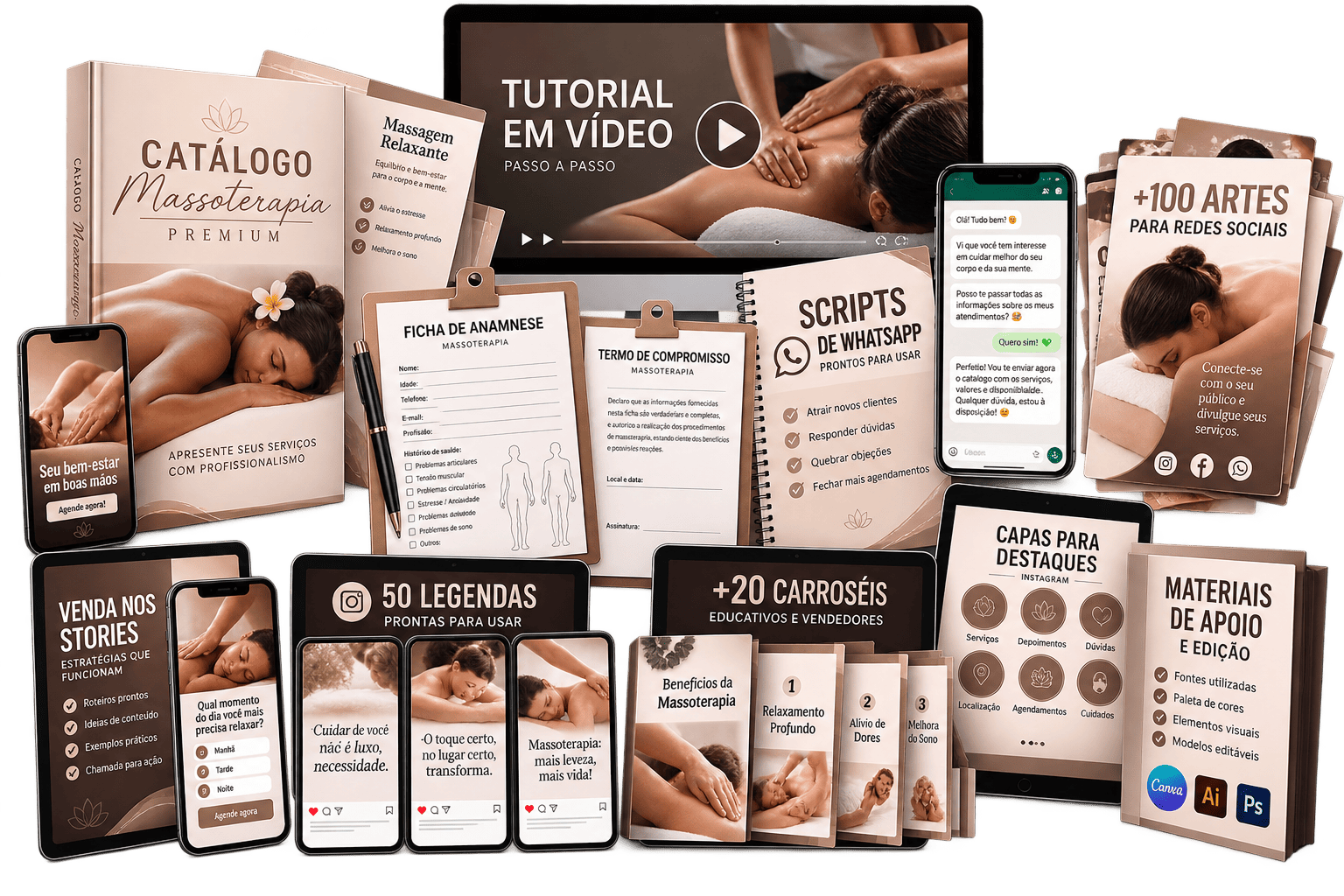 Kit Completo Massoterapia Premium — catálogo, vídeos, fichas, artes e materiais de apoio